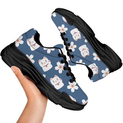 Japanese Lucky Cat And Sakura Print Black Chunky Shoes
