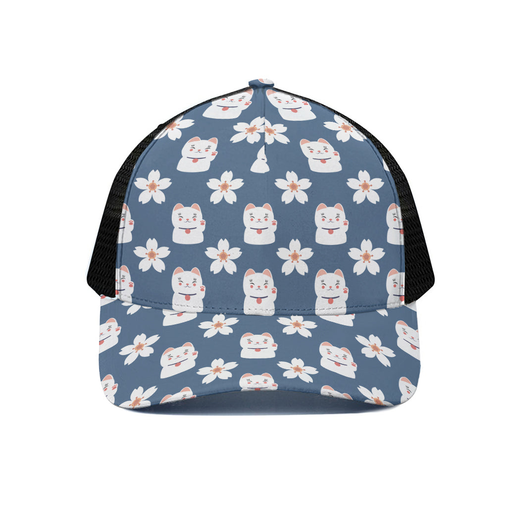 Japanese Lucky Cat And Sakura Print Black Mesh Trucker Cap