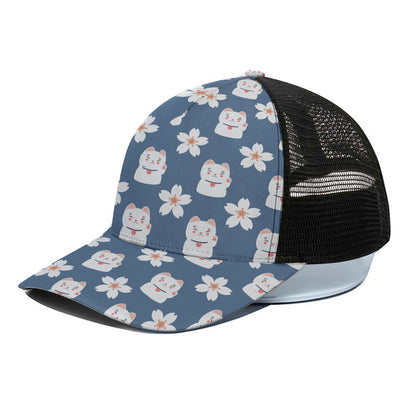 Japanese Lucky Cat And Sakura Print Black Mesh Trucker Cap