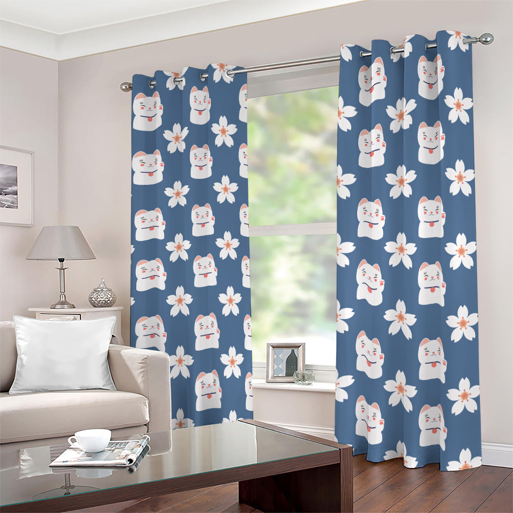 Japanese Lucky Cat And Sakura Print Blackout Grommet Curtains