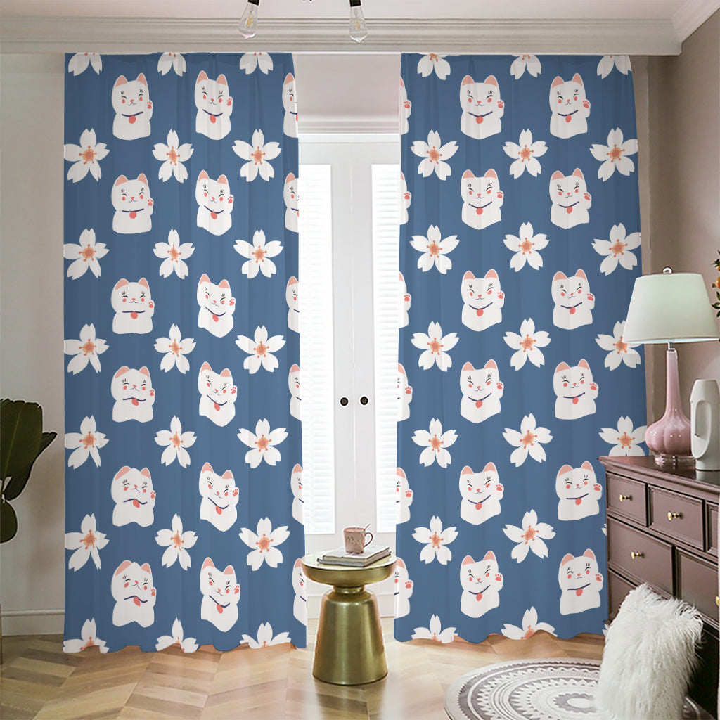 Japanese Lucky Cat And Sakura Print Blackout Pencil Pleat Curtains