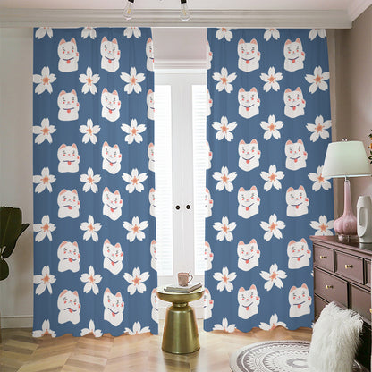 Japanese Lucky Cat And Sakura Print Blackout Pencil Pleat Curtains
