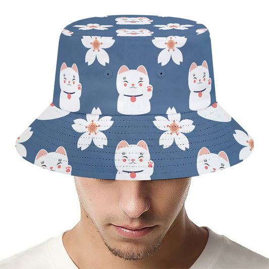 Japanese Lucky Cat And Sakura Print Bucket Hat