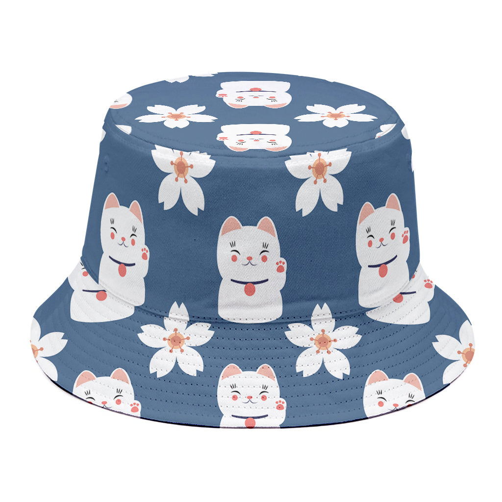 Japanese Lucky Cat And Sakura Print Bucket Hat