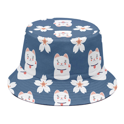 Japanese Lucky Cat And Sakura Print Bucket Hat