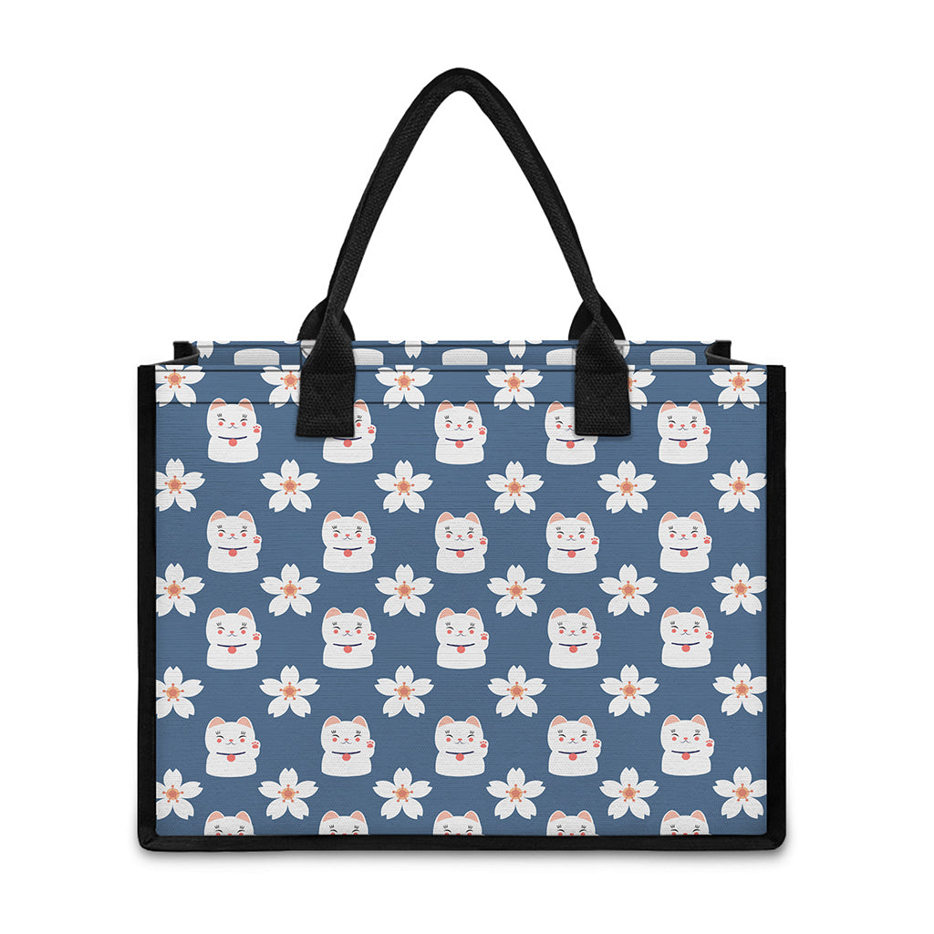 Japanese Lucky Cat And Sakura Print Canvas Tote Bag