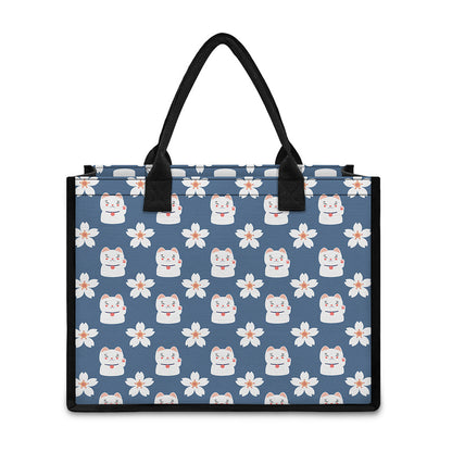 Japanese Lucky Cat And Sakura Print Canvas Tote Bag