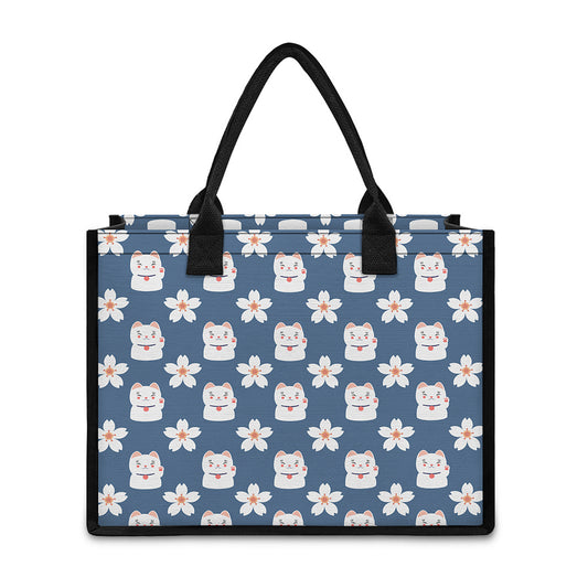 Japanese Lucky Cat And Sakura Print Canvas Tote Bag