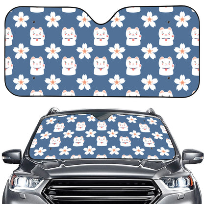 Japanese Lucky Cat And Sakura Print Car Windshield Sun Shade