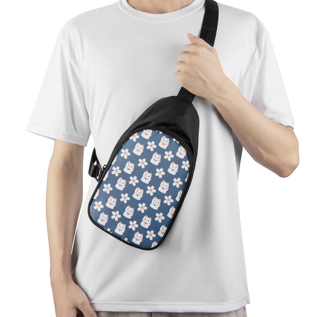 Japanese Lucky Cat And Sakura Print Chest Bag
