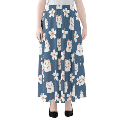 Japanese Lucky Cat And Sakura Print Chiffon Maxi Skirt
