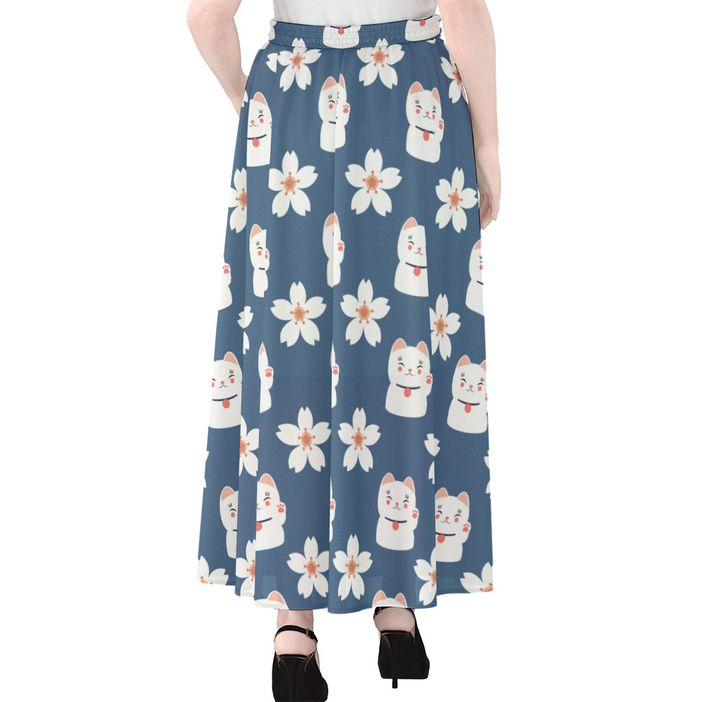 Japanese Lucky Cat And Sakura Print Chiffon Maxi Skirt