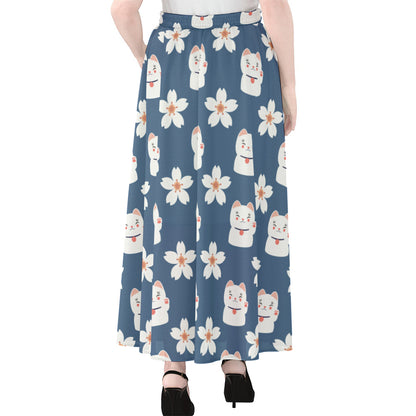 Japanese Lucky Cat And Sakura Print Chiffon Maxi Skirt