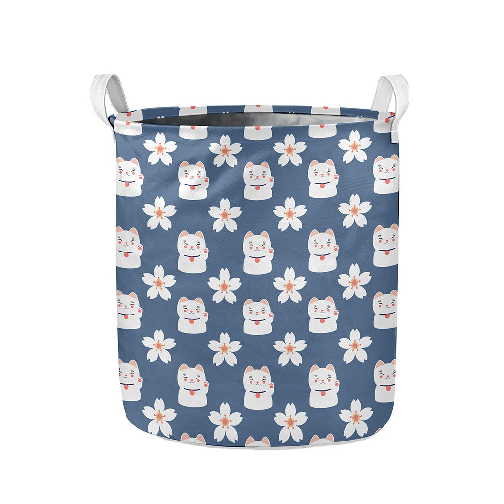 Japanese Lucky Cat And Sakura Print Collapsible Laundry Basket
