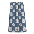 Japanese Lucky Cat And Sakura Print Cotton Front Slit Maxi Skirt