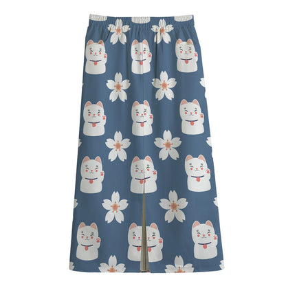 Japanese Lucky Cat And Sakura Print Cotton Front Slit Maxi Skirt
