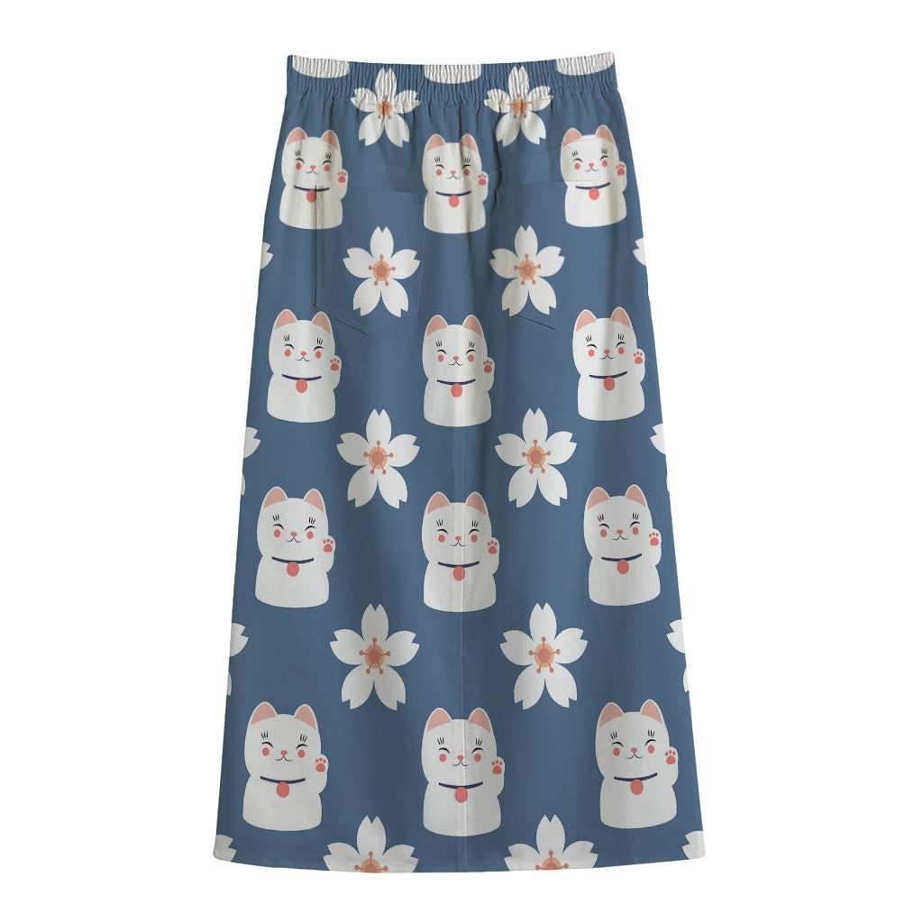 Japanese Lucky Cat And Sakura Print Cotton Front Slit Maxi Skirt