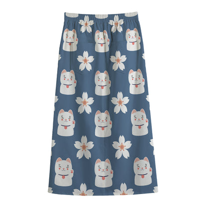Japanese Lucky Cat And Sakura Print Cotton Front Slit Maxi Skirt