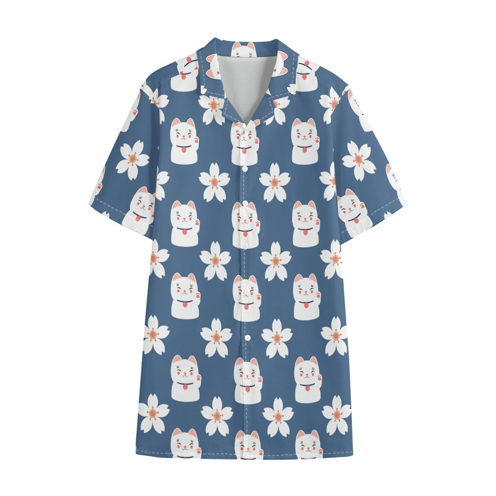 Japanese Lucky Cat And Sakura Print Cotton Hawaiian Shirt