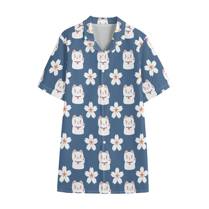 Japanese Lucky Cat And Sakura Print Cotton Hawaiian Shirt