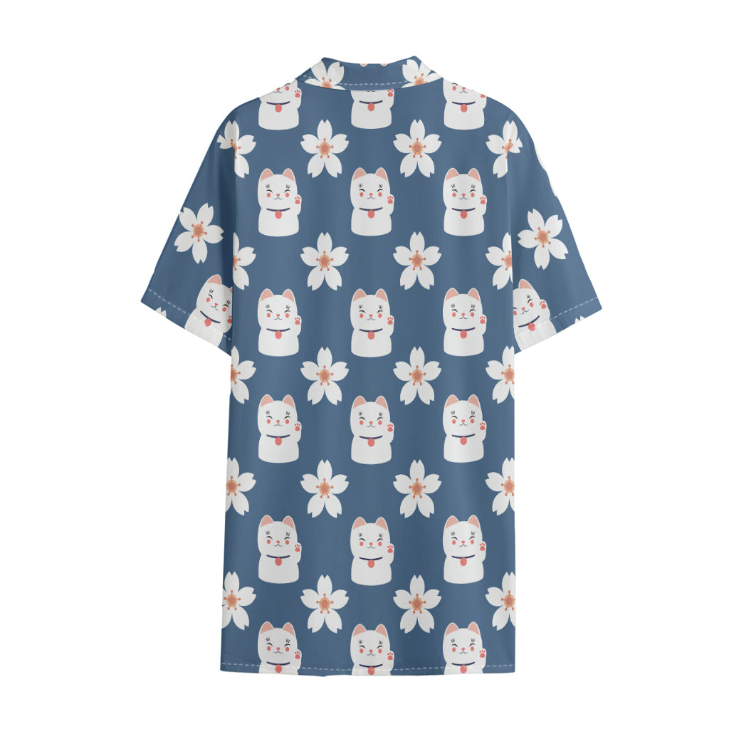 Japanese Lucky Cat And Sakura Print Cotton Hawaiian Shirt