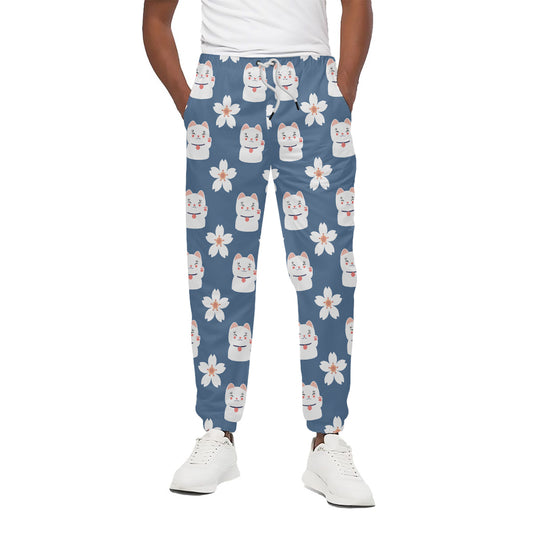 Japanese Lucky Cat And Sakura Print Cotton Pants