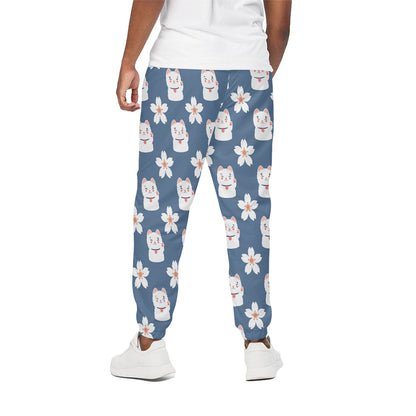 Japanese Lucky Cat And Sakura Print Cotton Pants