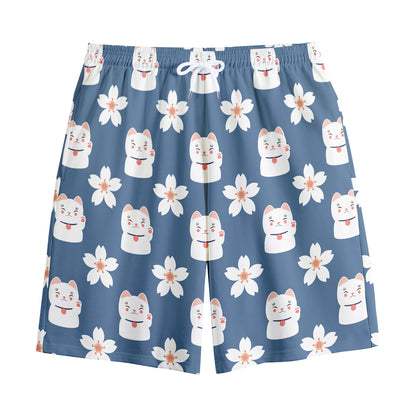 Japanese Lucky Cat And Sakura Print Cotton Shorts
