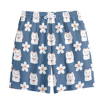 Japanese Lucky Cat And Sakura Print Cotton Shorts