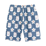 Japanese Lucky Cat And Sakura Print Cotton Shorts