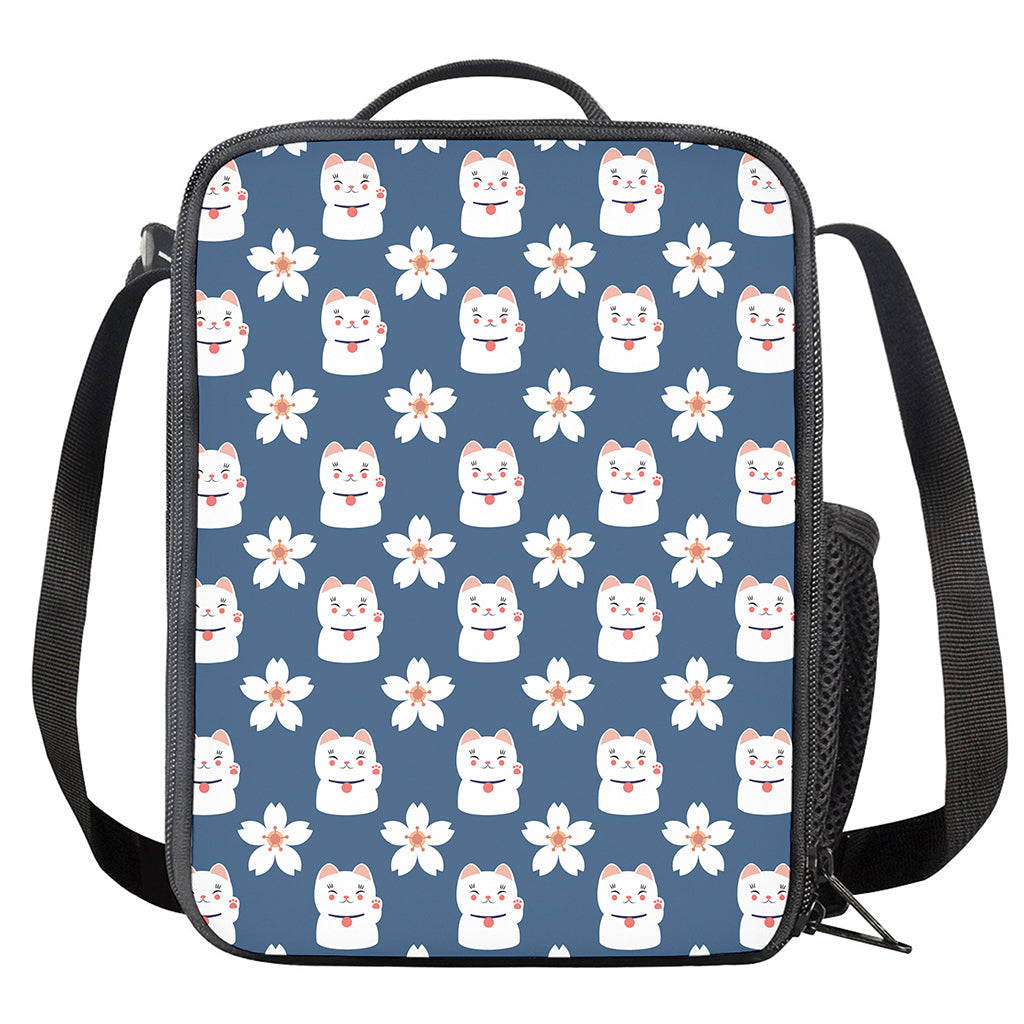 Japanese Lucky Cat And Sakura Print Crossbody Lunch Bag