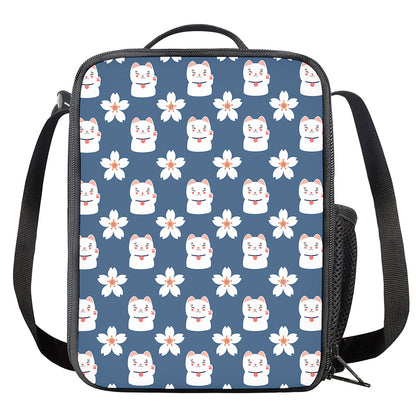Japanese Lucky Cat And Sakura Print Crossbody Lunch Bag