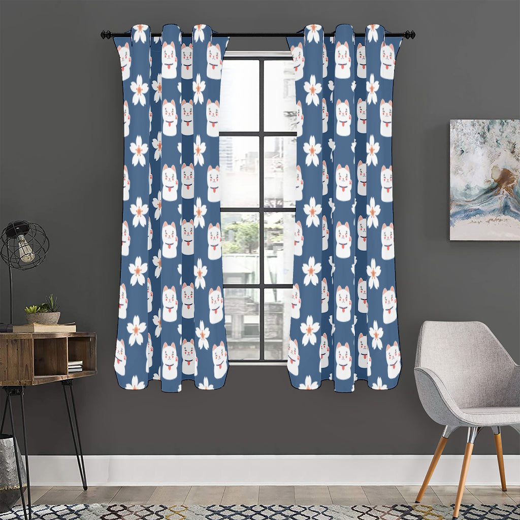 Japanese Lucky Cat And Sakura Print Curtain