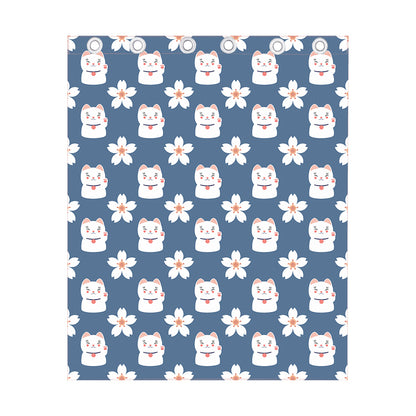Japanese Lucky Cat And Sakura Print Curtain
