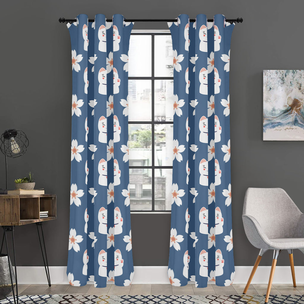 Japanese Lucky Cat And Sakura Print Curtain
