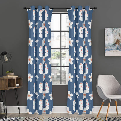 Japanese Lucky Cat And Sakura Print Curtain