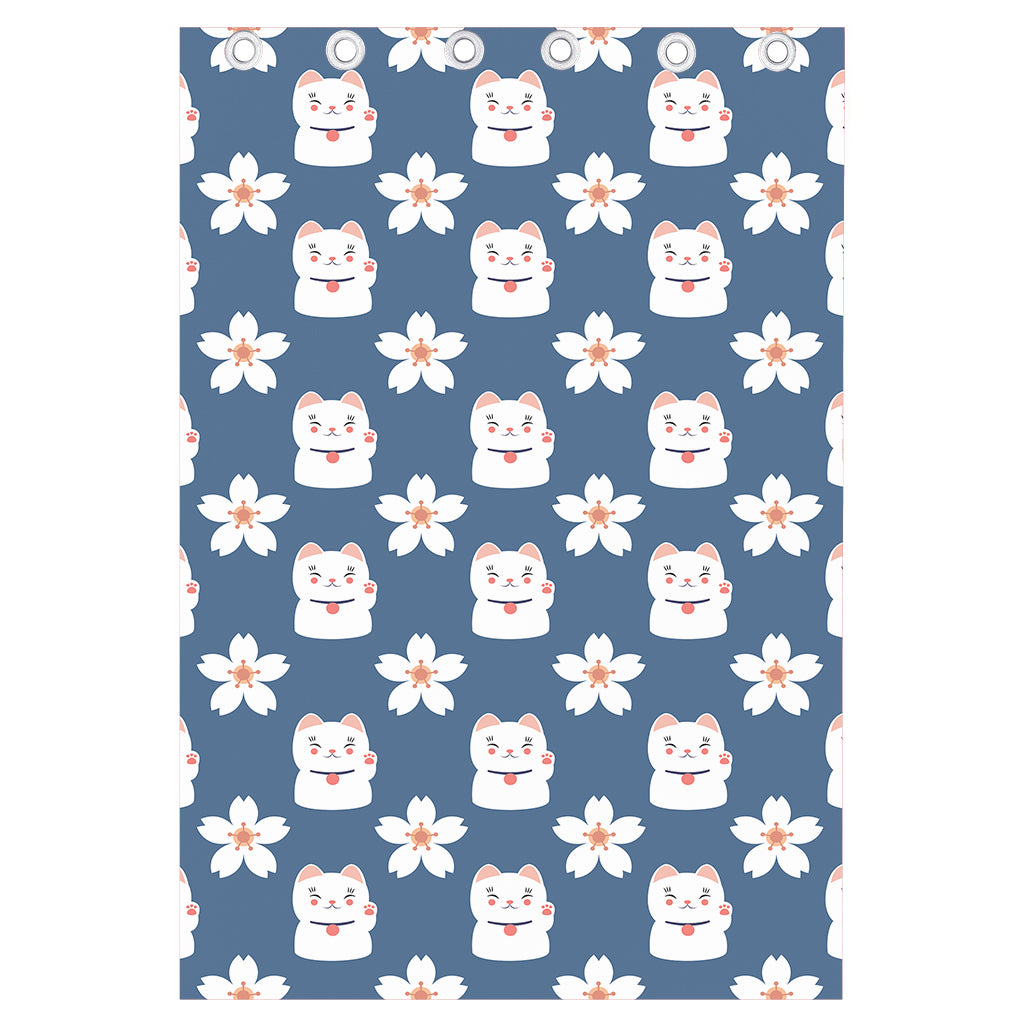 Japanese Lucky Cat And Sakura Print Curtain