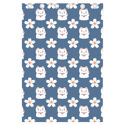 Japanese Lucky Cat And Sakura Print Curtain