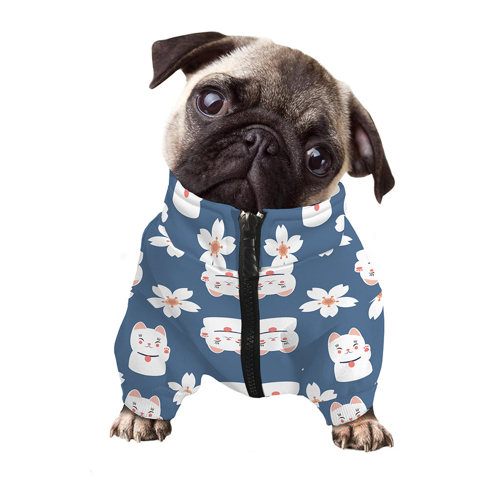 Japanese Lucky Cat And Sakura Print Dog Zip Up Jacket