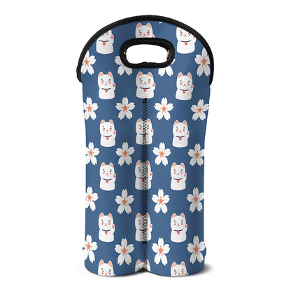 Japanese Lucky Cat And Sakura Print Double Neoprene Wine Tote