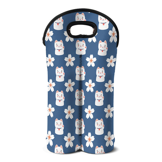 Japanese Lucky Cat And Sakura Print Double Neoprene Wine Tote