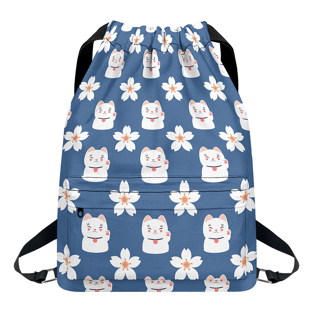 Japanese Lucky Cat And Sakura Print Drawstring Backpack