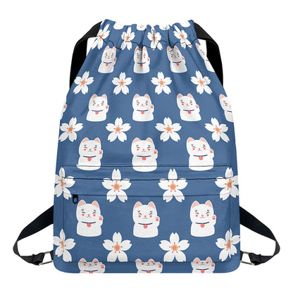 Japanese Lucky Cat And Sakura Print Drawstring Backpack