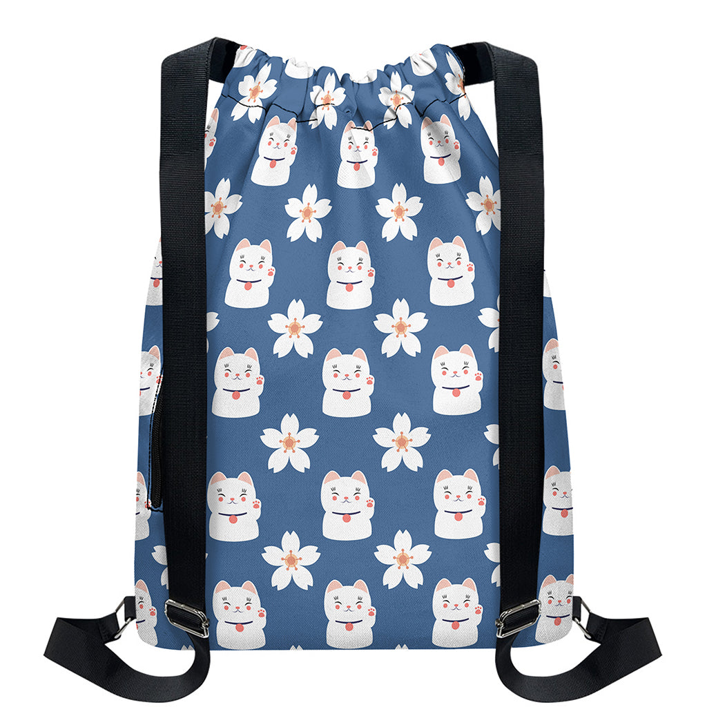 Japanese Lucky Cat And Sakura Print Drawstring Backpack