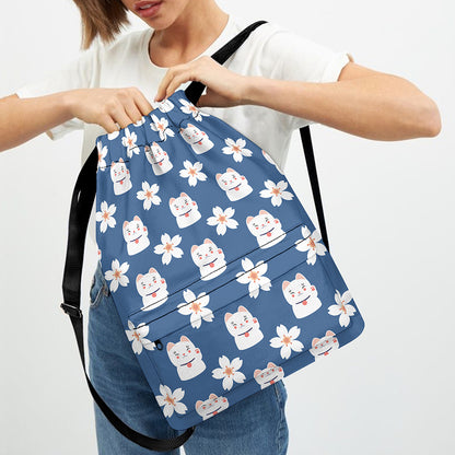 Japanese Lucky Cat And Sakura Print Drawstring Backpack