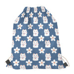 Japanese Lucky Cat And Sakura Print Drawstring Bag