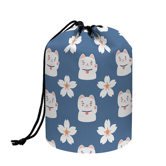 Japanese Lucky Cat And Sakura Print Drawstring Makeup Bag