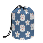 Japanese Lucky Cat And Sakura Print Drawstring Makeup Bag