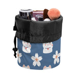 Japanese Lucky Cat And Sakura Print Drawstring Makeup Bag