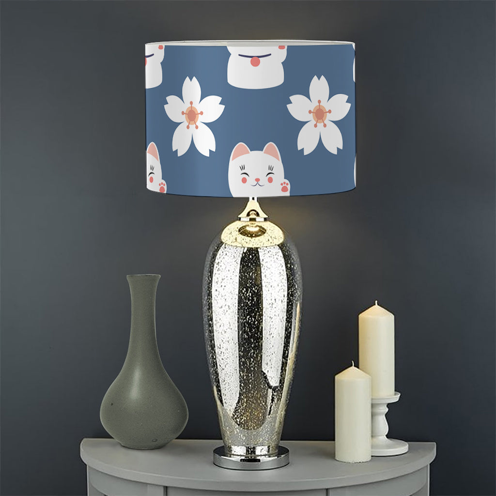 Japanese Lucky Cat And Sakura Print Drum Lamp Shade